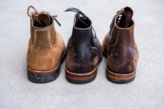 Heel counters of roughout and waxed flesh boots