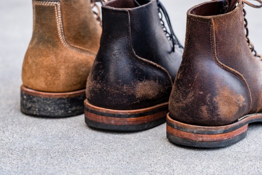 Heel counters of roughout and waxed flesh boots